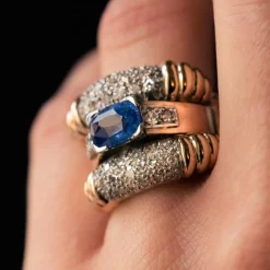 Bague ancienne saphir diamants à godrons