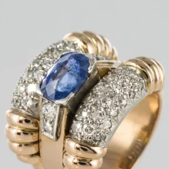 Bague ancienne saphir diamants à godrons