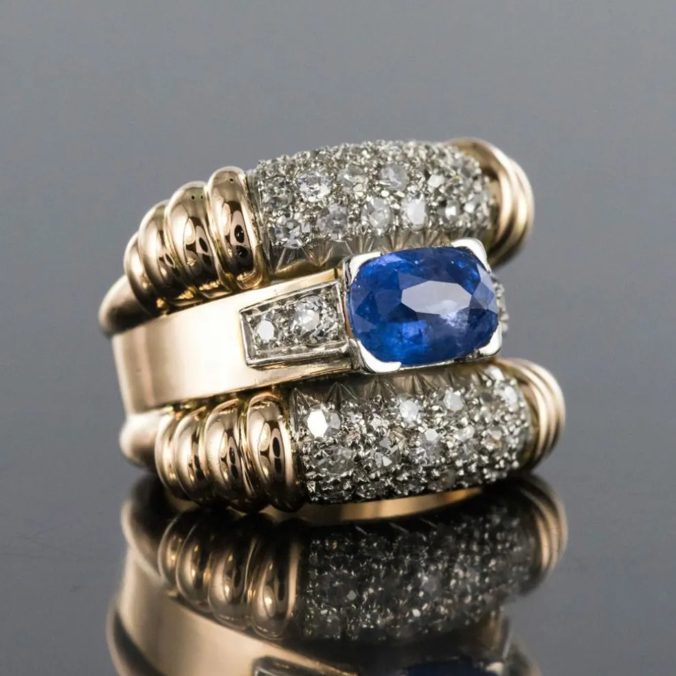 Bague ancienne saphir diamants à godrons