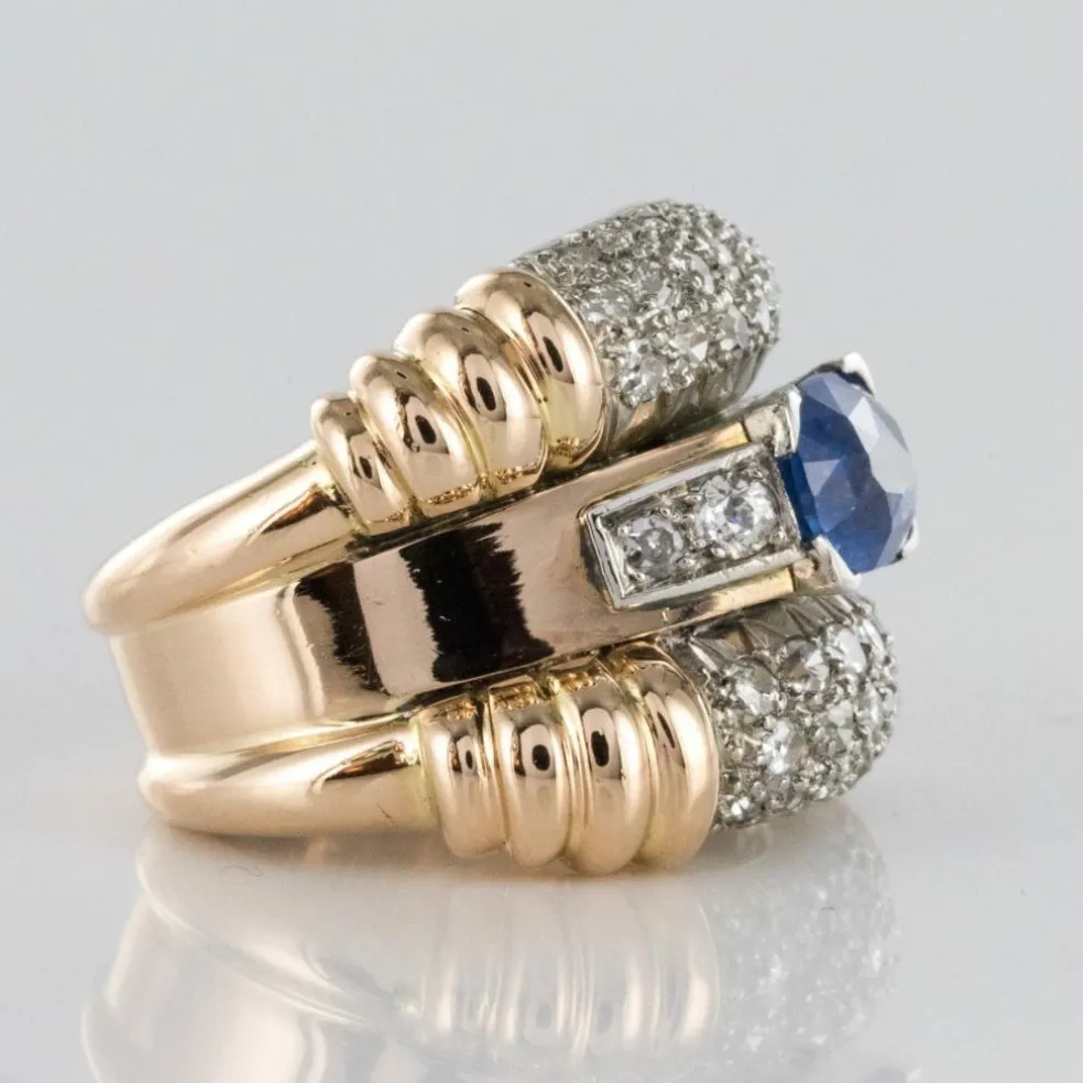 Bague ancienne saphir diamants à godrons