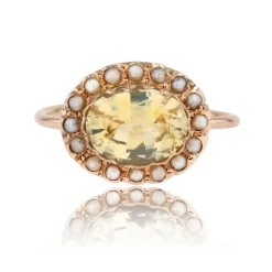 Bague ancienne saphir jaune naturel et perles fines