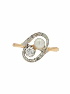 Bague ancienne tourbillon et duo perle fine diamant