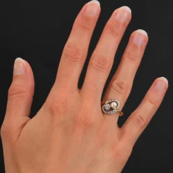 Bague ancienne tourbillon et duo perle fine diamant