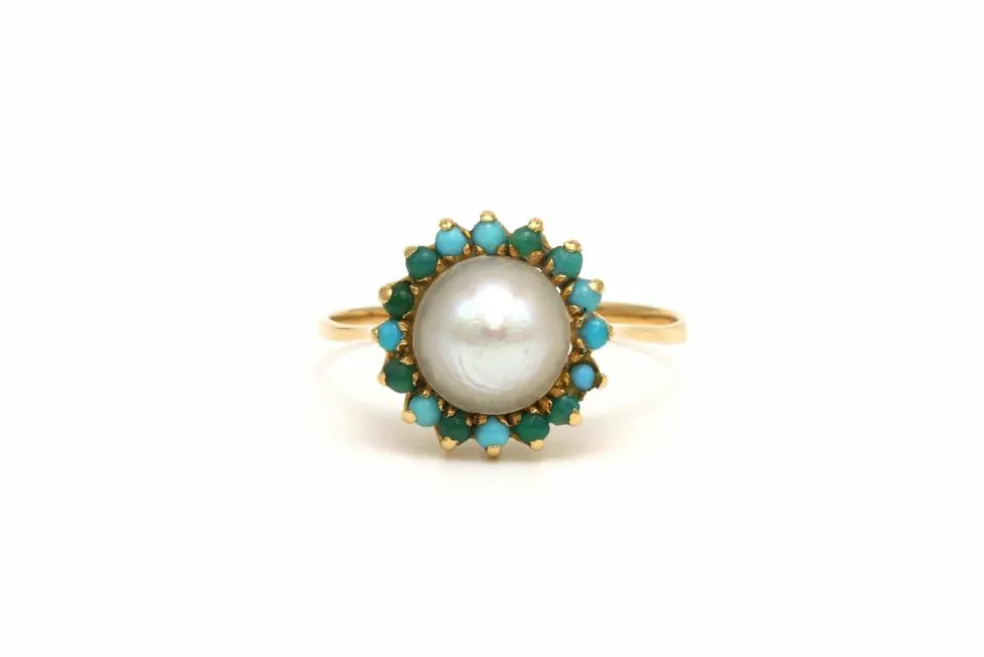 Bague Années 70 en or jaune 18 carats sertie d'une perle et de turquoises