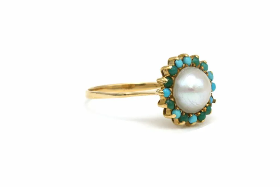 Bague Années 70 en or jaune 18 carats sertie d'une perle et de turquoises