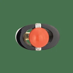 Bague années '50 or jaune, corail, onyx, diamant
