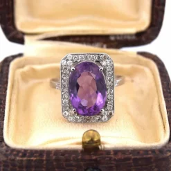 Bague Art Déco - or blanc, améthyste et diamants