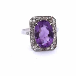 Bague Art Déco - or blanc, améthyste et diamants