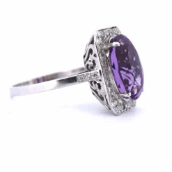Bague Art Déco - or blanc, améthyste et diamants