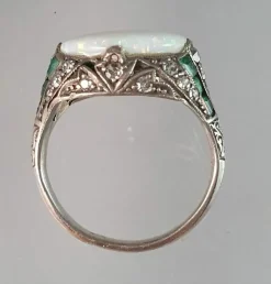 Bague Art Déco Argent Opale Emeraudes Diamants