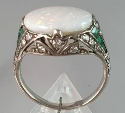 Bague Art Déco Argent Opale Emeraude Diamants