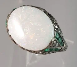 Bague Art Déco Argent Opale Emeraudes Diamants