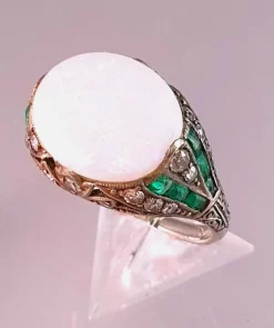 Bague Art Déco Argent Opale Emeraudes Diamants