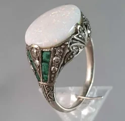 Bague Art Déco Argent Opale Emeraudes Diamants