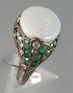 Bague Art Déco Argent Opale Emeraude Diamants