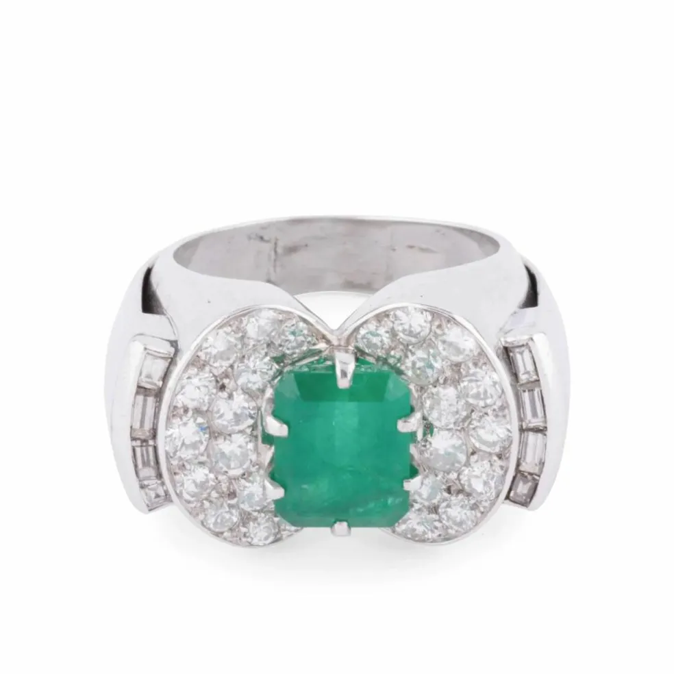 Bague Art Déco Emeraude, Diamants, Or Gris & Platine