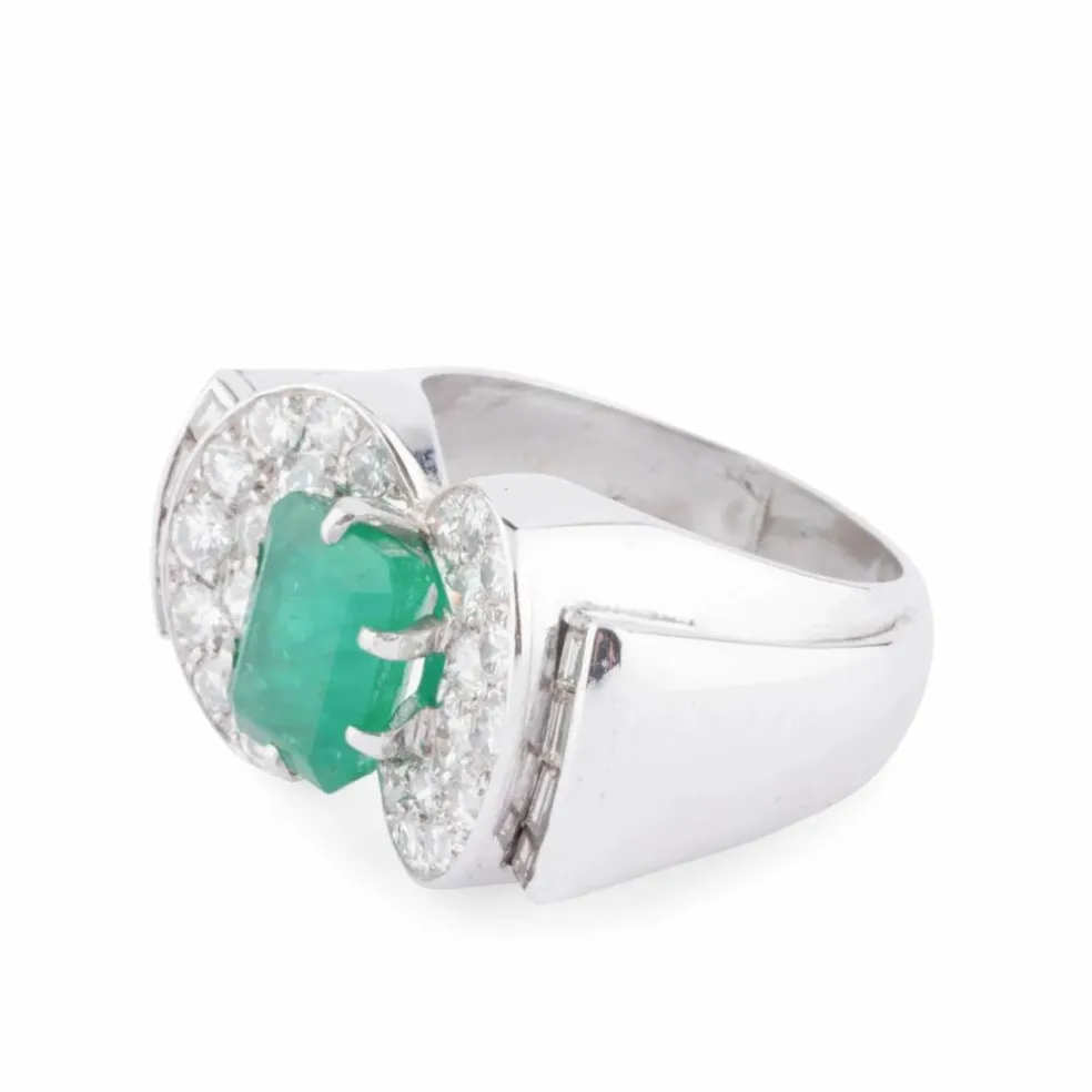 Bague Art Déco Emeraude, Diamants, Or Gris & Platine