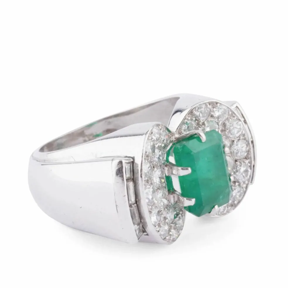Bague Art Déco Emeraude, Diamants, Or Gris & Platine