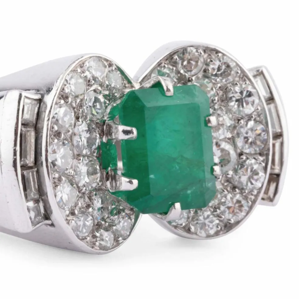 Bague Art Déco Emeraude, Diamants, Or Gris & Platine