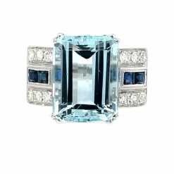 Bague Art Déco en Or Saphir Diamant Aigue-Marine 12 Carats