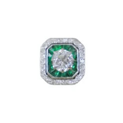 Bague Art déco en platine, diamants et émeraudes