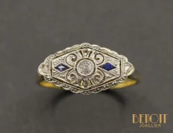 Bague Art Déco Losange Diamants et Saphirs