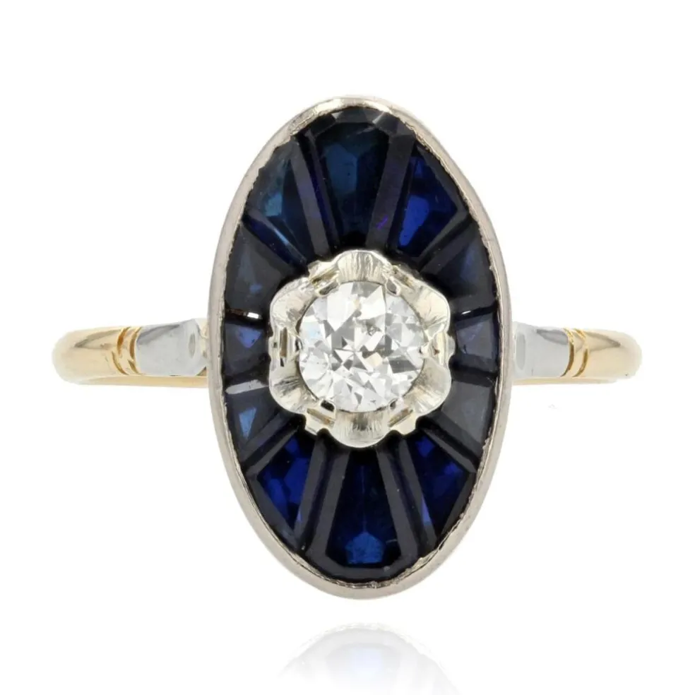 Bague art déco navette diamant saphirs