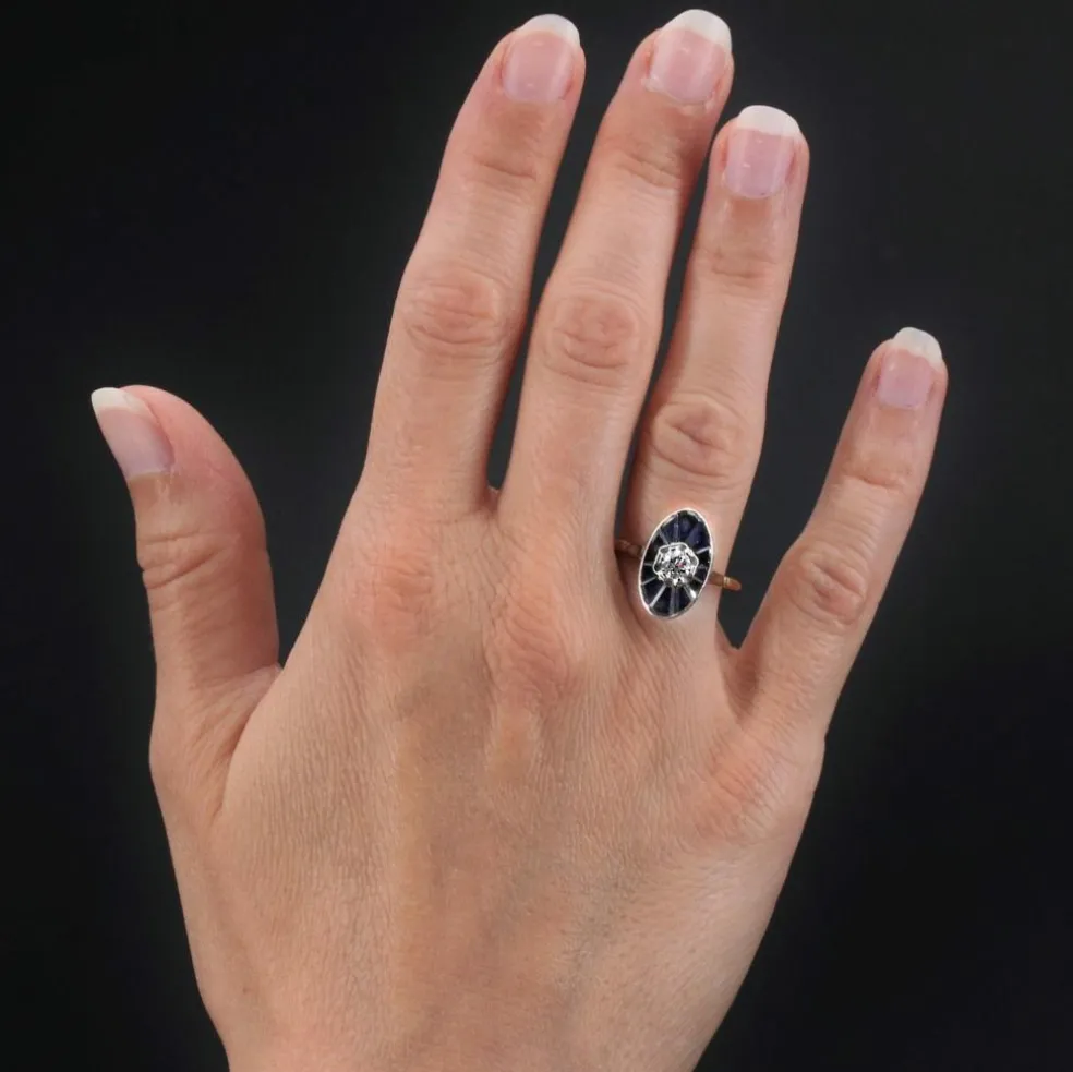 Bague art déco navette diamant saphirs