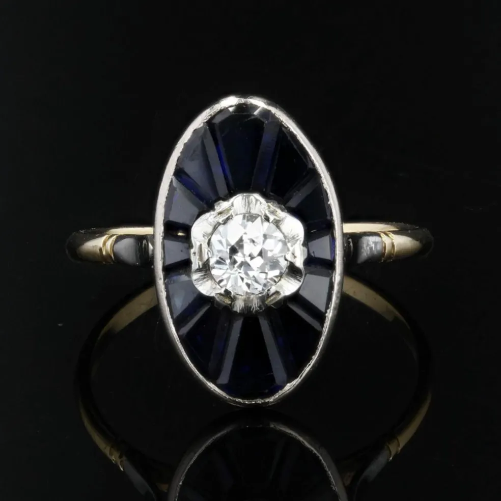 Bague art déco navette diamant saphirs