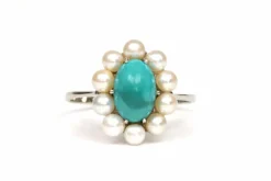 Bague Art Déco or blanc, turquoise et perles