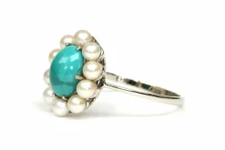 Bague Art Déco or blanc, turquoise et perles