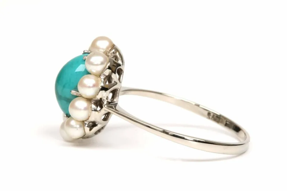 Bague Art Déco or blanc, turquoise et perles