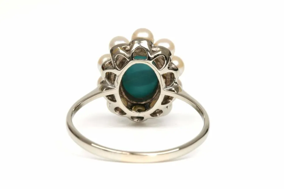 Bague Art Déco or blanc, turquoise et perles