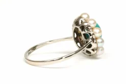 Bague Art Déco or blanc, turquoise et perles