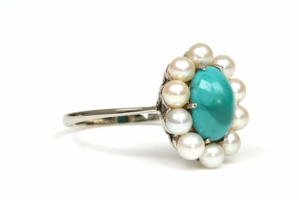 Bague Art Déco or blanc, turquoise et perles