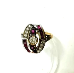 Bague Art Déco Or jaune et blanc Diamant Rubis