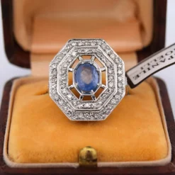 Bague Art Déco or saphir diamants