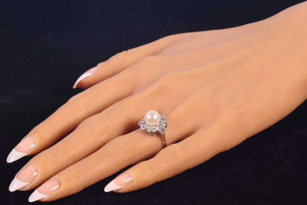 Bague Art Déco platine diamant perle