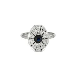 Bague art déco platine et or blanc, saphir et diamants