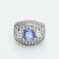 Bague Art Déco saphir Ceylan naturel entourage diamants or gris