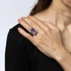 Bague Art Déco Vintage Améthyste Cocktail Émail Filigrane Or