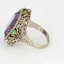 Bague Art Déco Vintage Améthyste Cocktail Émail Filigrane Or