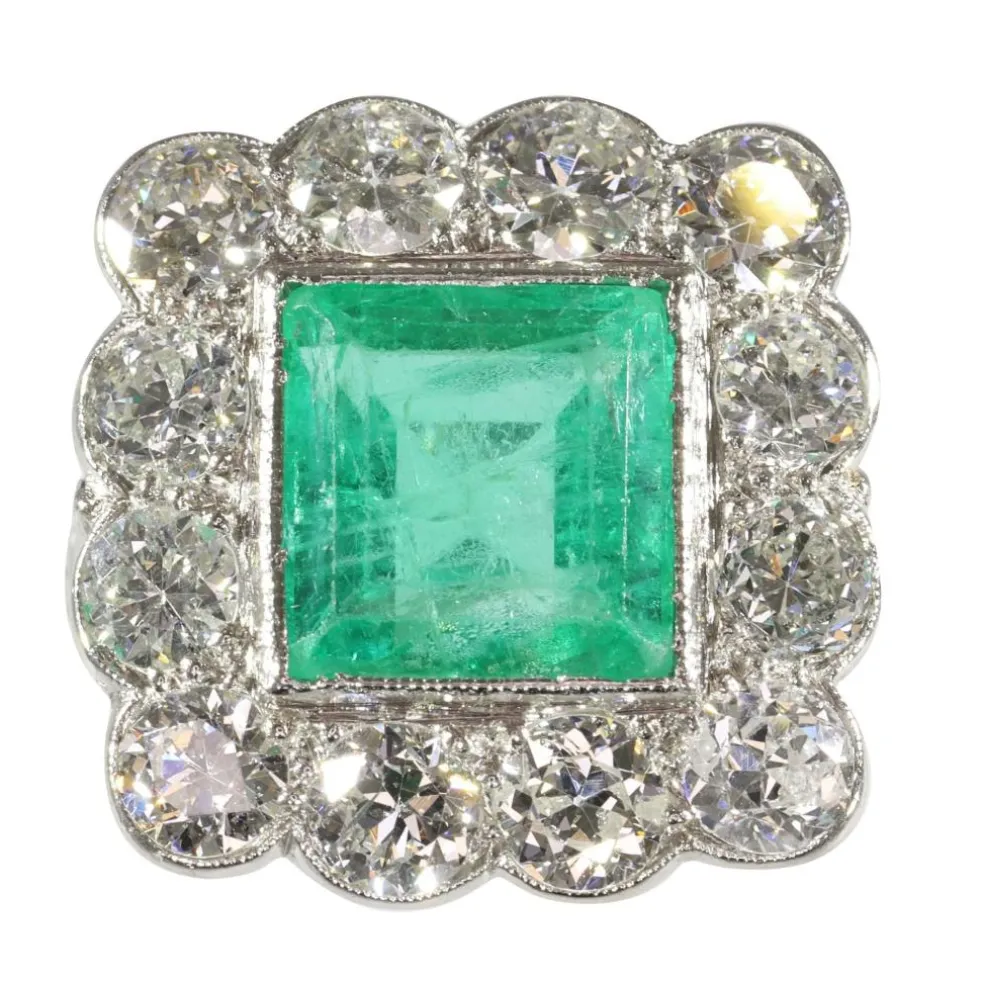 Bague Art déco vintage avec émeraude et diamants