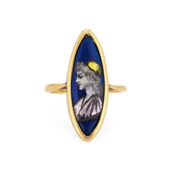 Bague Art Déco Vintage en émail polychrome Navette en or jaune