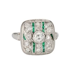 Bague Art Déco vintage en or blanc avec diamants et émeraude