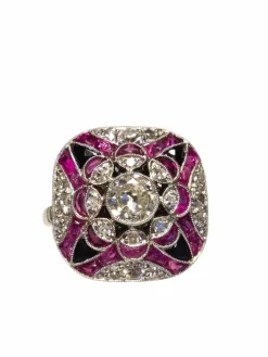 Bague Art Déco vintage en platine avec diamants, rubis et onyx