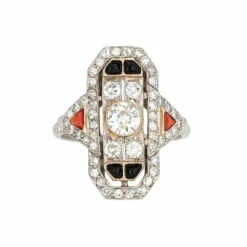Bague Art Déco vintage en diamant, corail, onyx et platine
