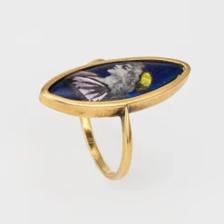 Bague Art Déco Vintage en émail polychrome Navette en or jaune