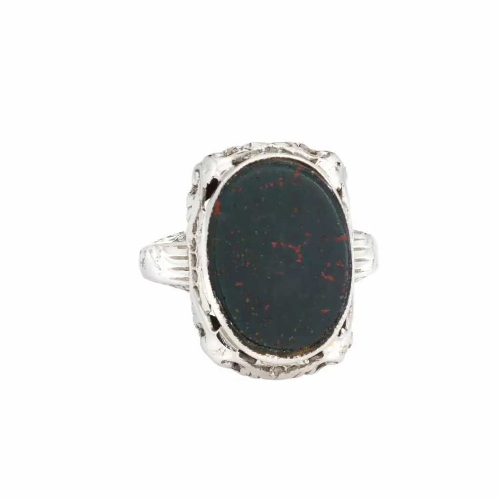 Bague Art Déco Vintage Jaspe Sanguin en Or Blanc Filigrané