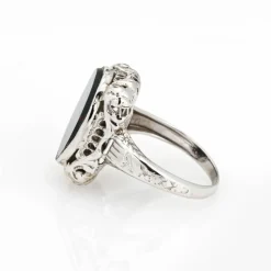 Bague Art Déco Vintage Jaspe Sanguin en Or Blanc Filigrané